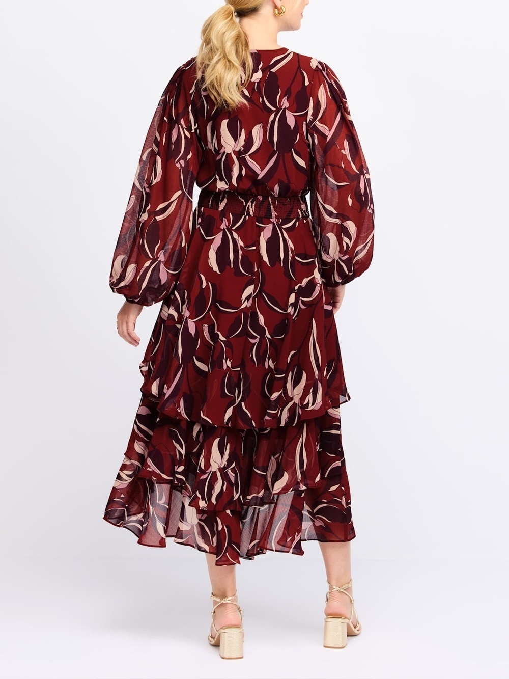 Steve Madden Bei Floral Long Sleeve Tiered High-Low Autumn Wedding Guest Dress - Picture 3 of 8